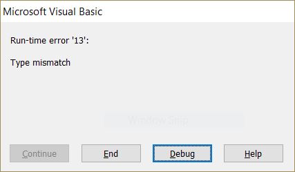 13 do erro de tempo de execução no Excel