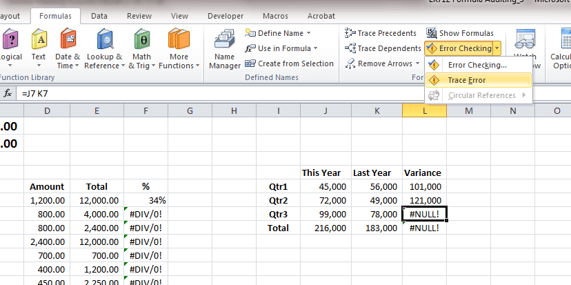 Erros de fórmula no Excel 2016