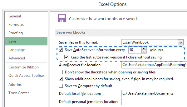 Habilite a opção de Autosave desativado no Excel 2