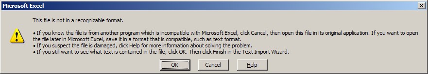 arquivo do Excel não é um erro de formato reconhecível