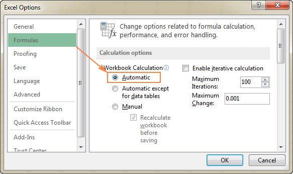 Fix Excel fórmulas não atualização automática 2