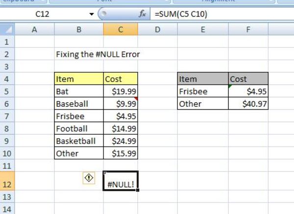 Erro # null do Excel