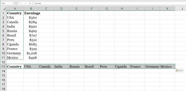 Microsoft Excel Transpose não funciona