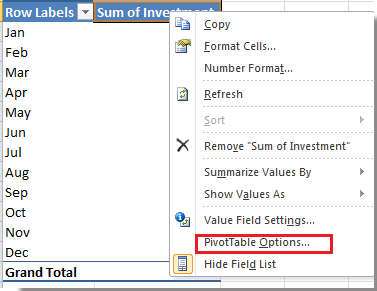 Opções da PivotTable