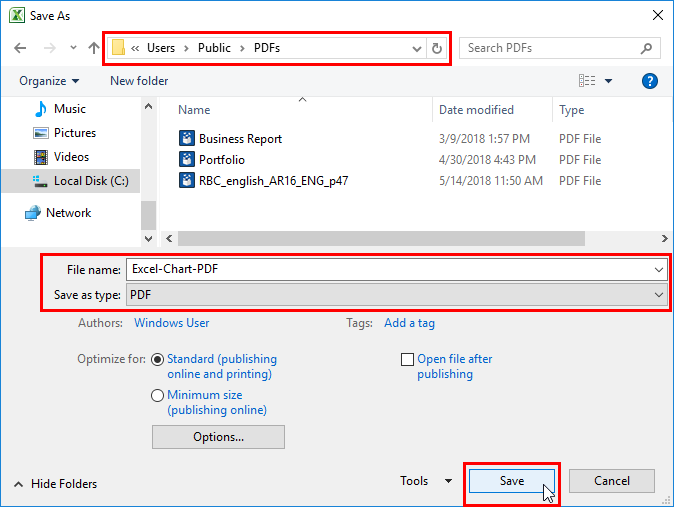 problema de arquivo salvar como PDF no Excel