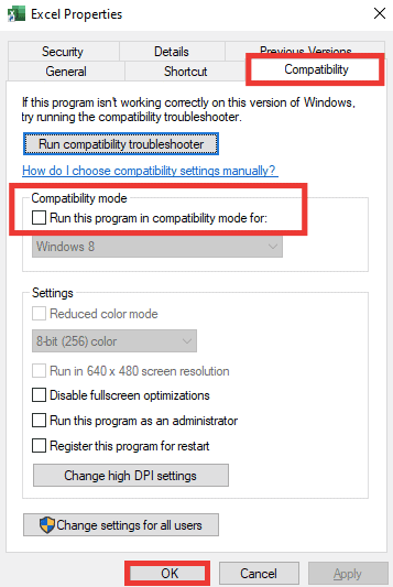 Execute o Excel em modo de compatibilidade