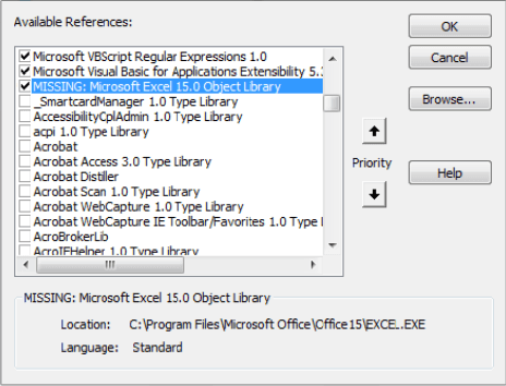 Compilar Erro não é possível localizar o projeto ou a biblioteca Excel