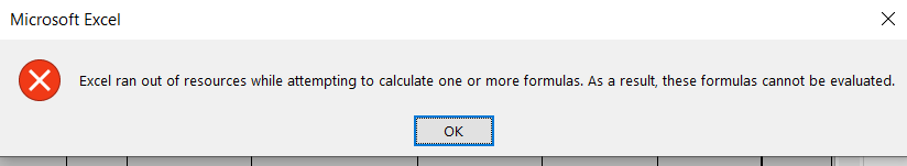 Excel ficou sem recursos ao Attempting calcular