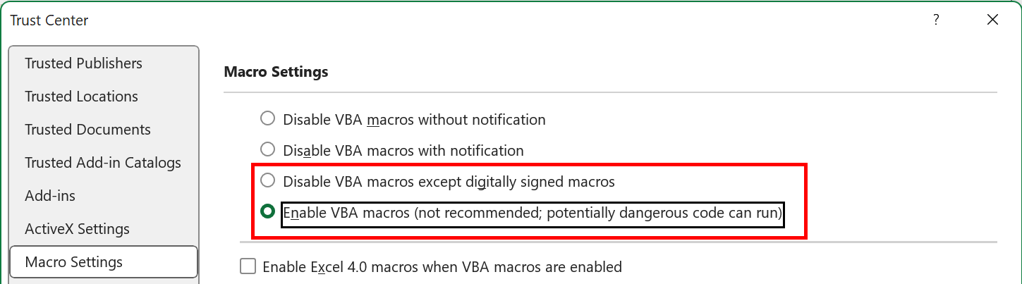 La configuración de macros de Excel aparece en gris