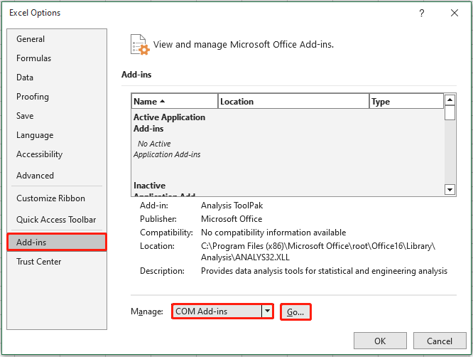 Verificação de erros do Excel acinzentada