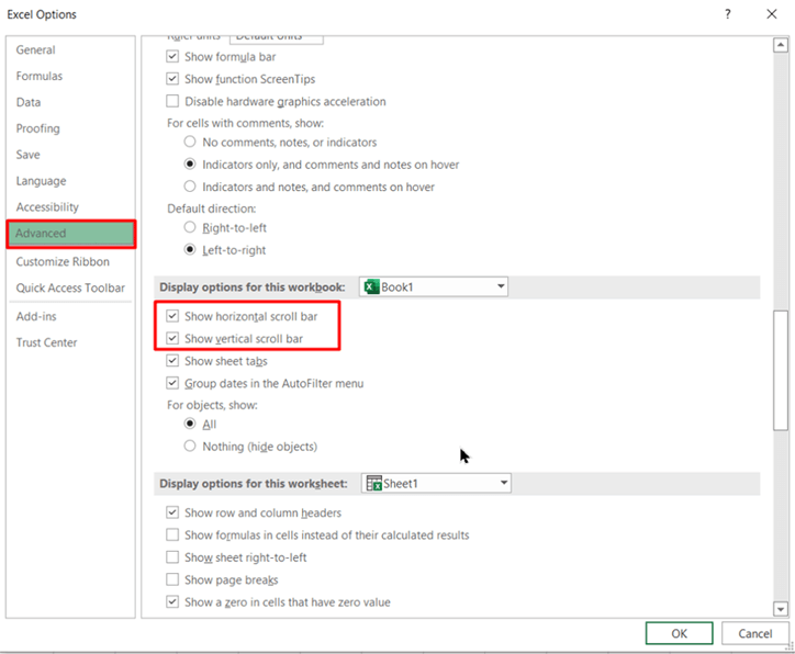 Planilha do Excel não se move para cima e para baixo