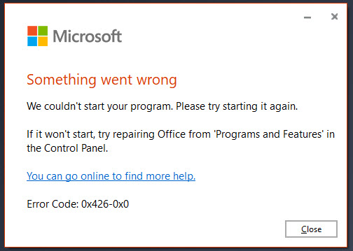 Microsoft Excel código de erro 0x426 0x0