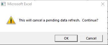 erro do Excel que cancelará um erro de atualização de dados pendente