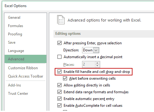 Excel AutoFill não está funcionando